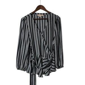 LOFT Striped V-Neck Wrap Blouse Long Sleeve Peplum Top Navy Blue White Size M